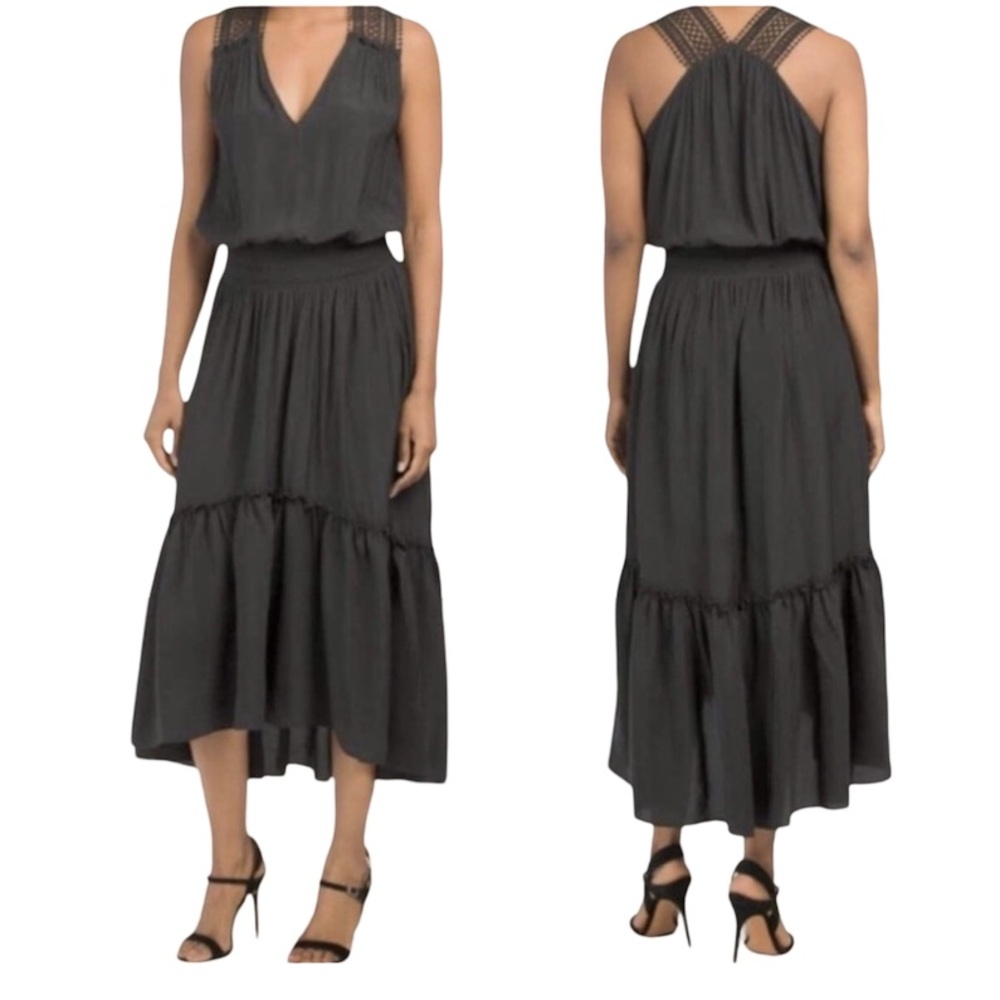 Ramy Brook NWT Samantha Black Midi Maxi Ruffle Lattice Flowy Feminine Size large